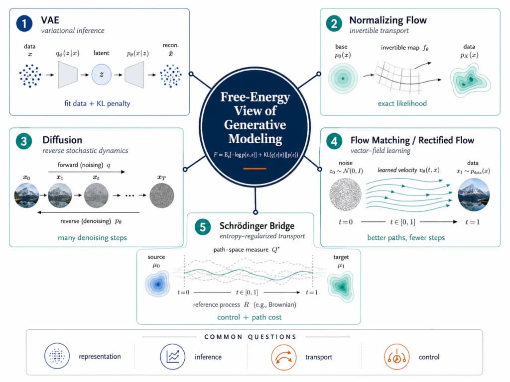A free-energy map of several continuous generative model families: VAEs, normalizing flows, diffusion models, flow matching, rectified flow, and Schrödinger bridges.