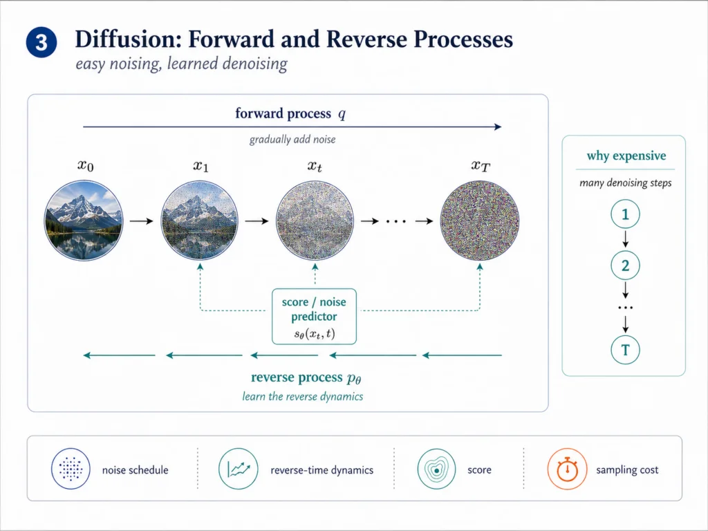 A diffusion-model schematic. A forward process gradually adds noise to the data over many time steps until the data distribution becomes a known prior. A learned reverse process moves backward from the prior toward the data distribution, step by step.