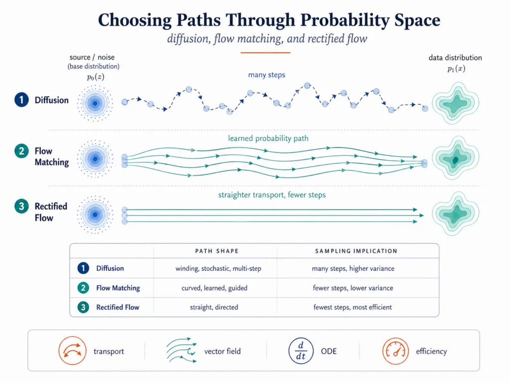 Three probability paths between a simple source distribution and a complex target distribution. The diffusion path is winding and stochastic. The flow-matching path is smoother. The rectified-flow path is approximately straight.