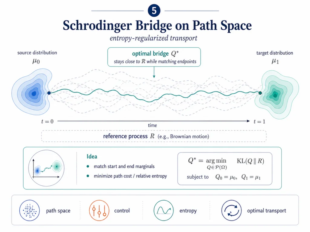 A Schrödinger-bridge schematic. Two distributions sit at the boundaries of an interval of time. Stochastic trajectories connect them, optimized to match the boundary distributions while staying close to a reference Brownian motion.