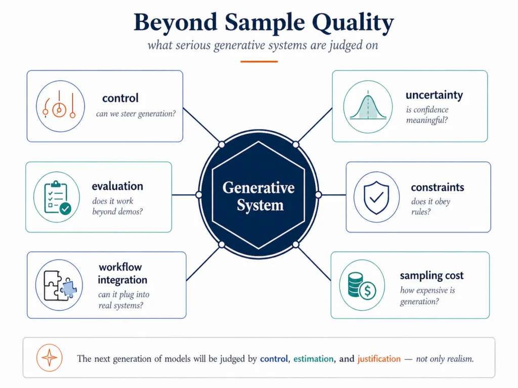 A radar chart showing six axes of generative-system quality: control, uncertainty quantification, constraint satisfaction, computational cost, evaluation rigor, and workflow integration. A 'sample quality only' system covers a small fraction of the chart; a 'serious deployment' system spans the full surface.