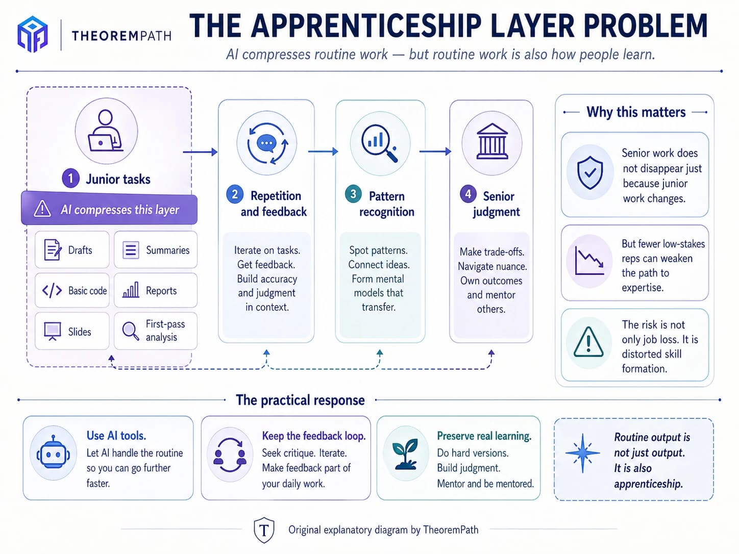 Diagram of the apprenticeship layer problem: junior tasks compressed by AI, reducing low-stakes practice that leads to feedback, pattern recognition, and senior judgment.