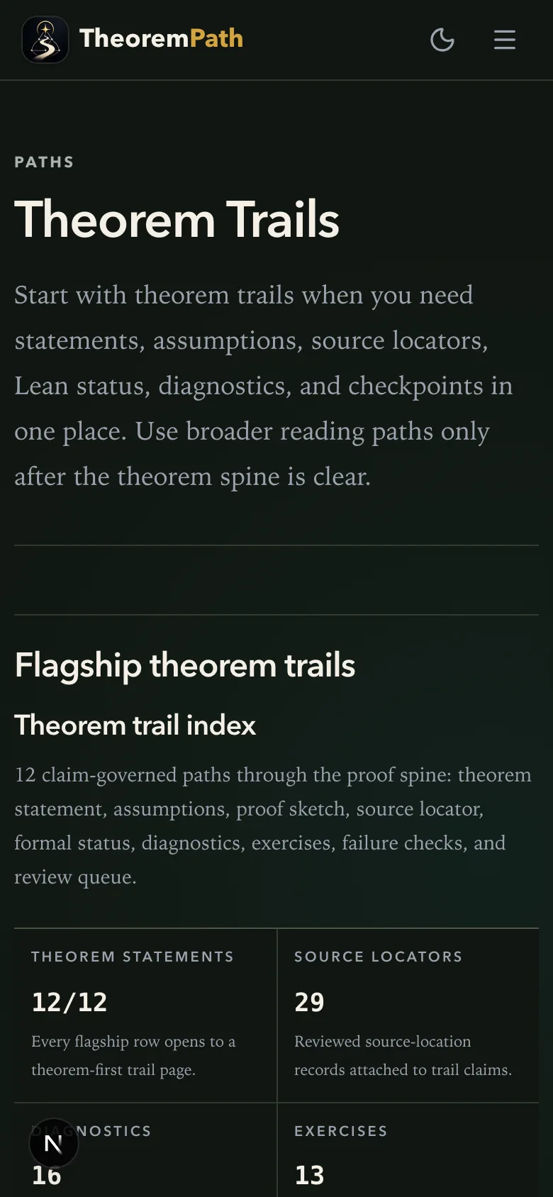 Theorem trail reading paths (Mobile 390x844): The public reading-path index exposes theorem trails and evidence without requiring graph interaction.
