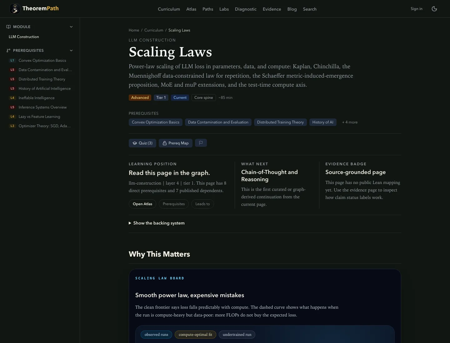 Flagship ML topic: scaling laws (Desktop 1440x1100): A flagship ML topic can anchor the content-quality portion of the walkthrough.