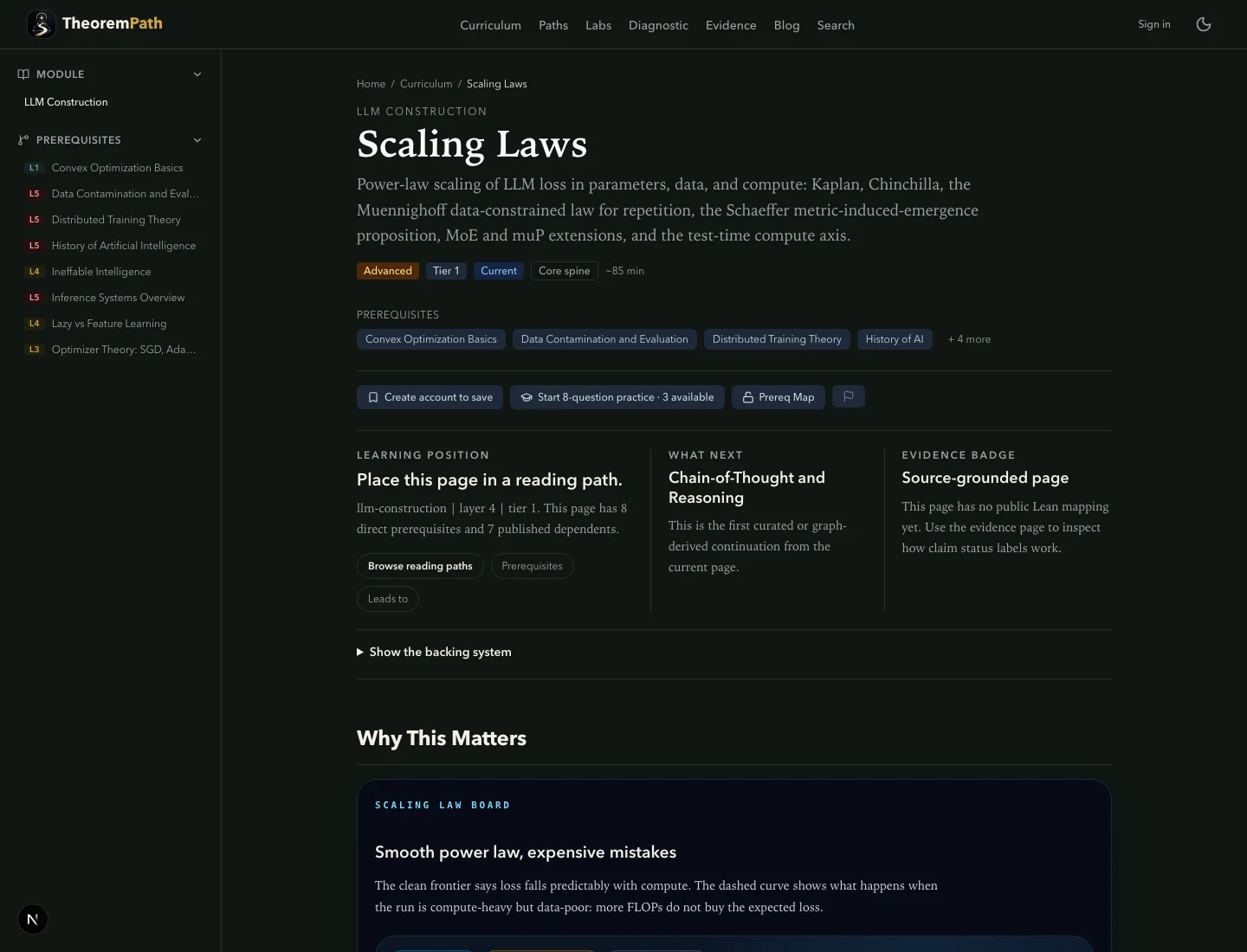 Flagship ML topic: scaling laws (Desktop 1440x1100): A flagship ML topic can anchor the content-quality portion of the walkthrough.