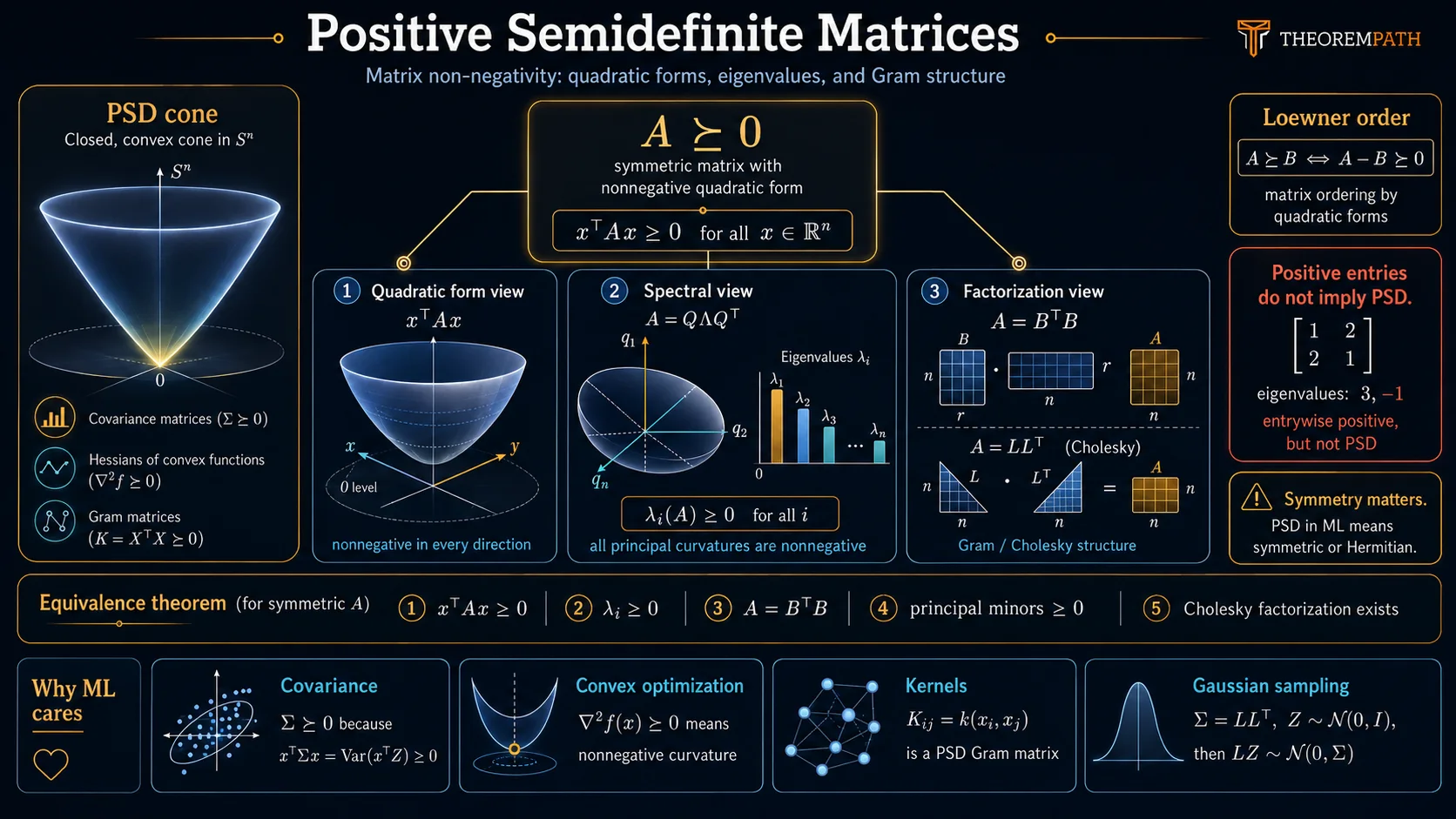 Positive semidefinite matrices overview showing quadratic forms, eigenvalues, factorizations, and Loewner order.