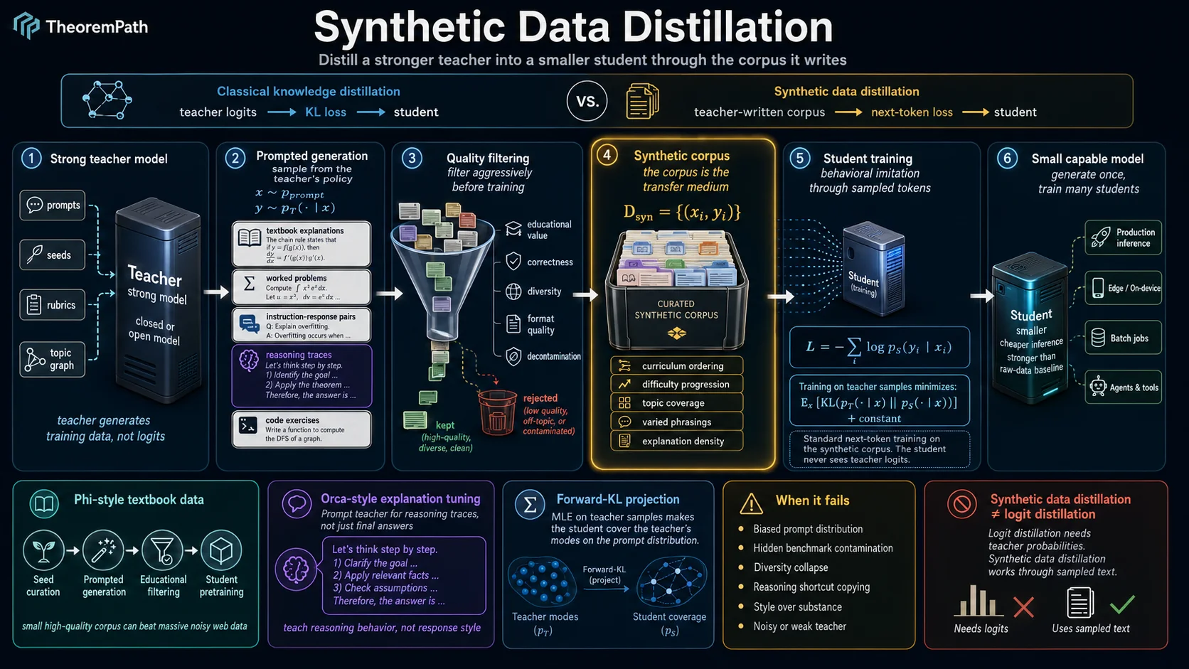 Synthetic data distillation overview showing teacher generation, filtering, corpus construction, and student training.